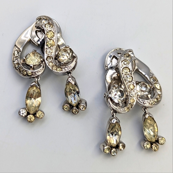 Vintage Unique Joseph Mazer Silver Tone Rhinestones Dangles Clip on Earrings - Picture 2 of 14